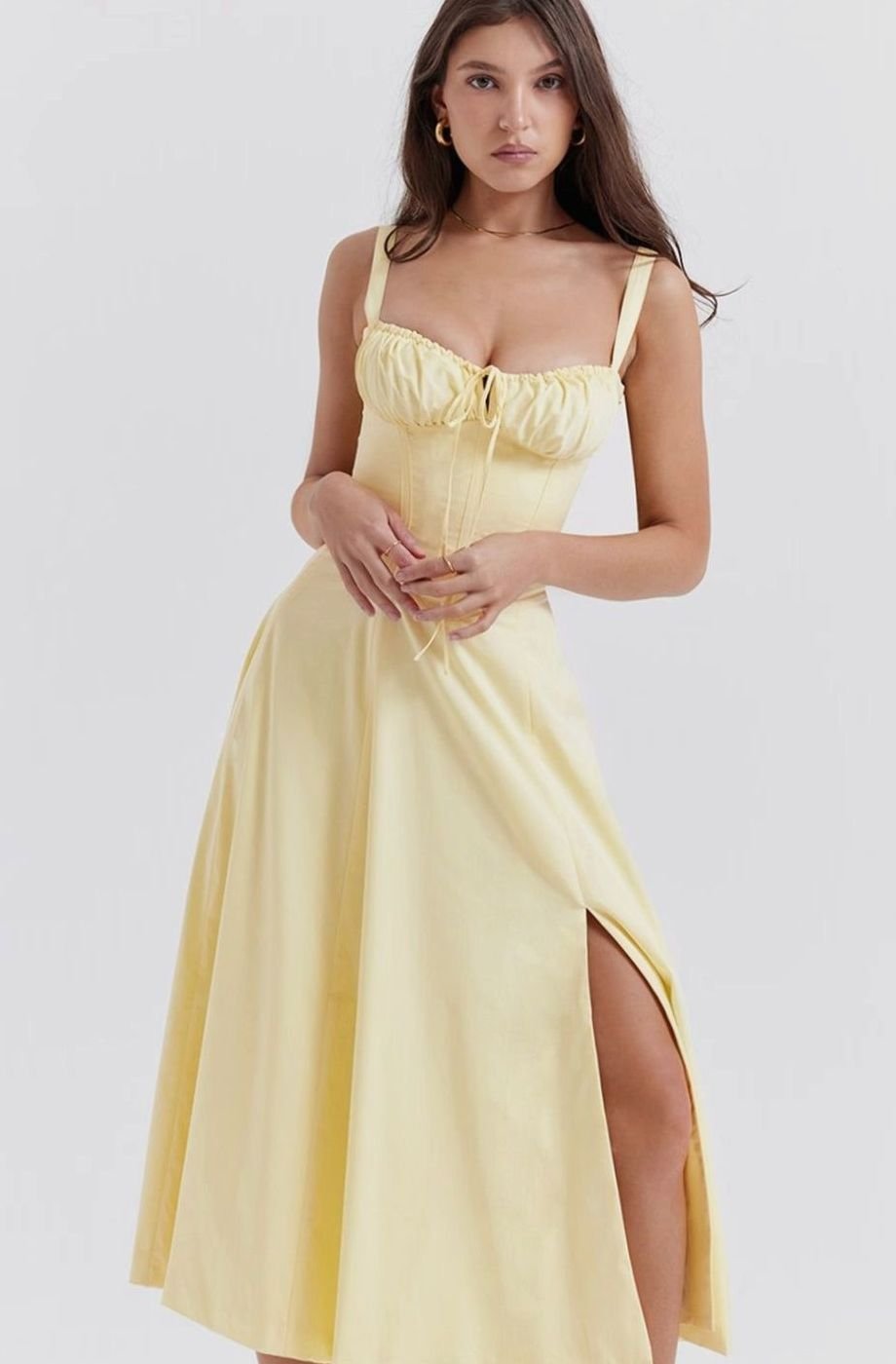 Women's Floral Bustier Midi Sundress Side Slit Skirt - Yellow