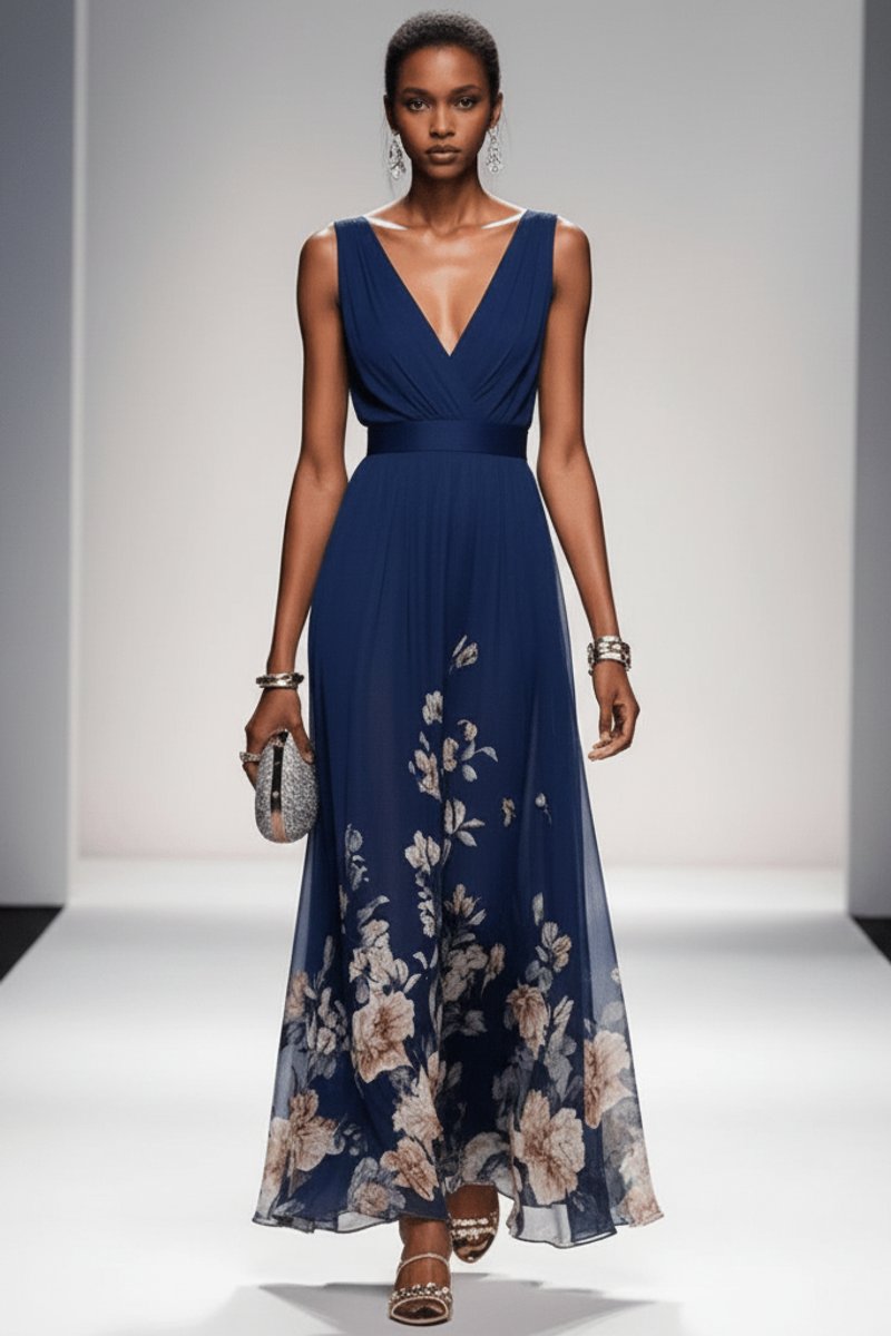 Women's Floral Chiffon V-Neck Maxi Evening Gown