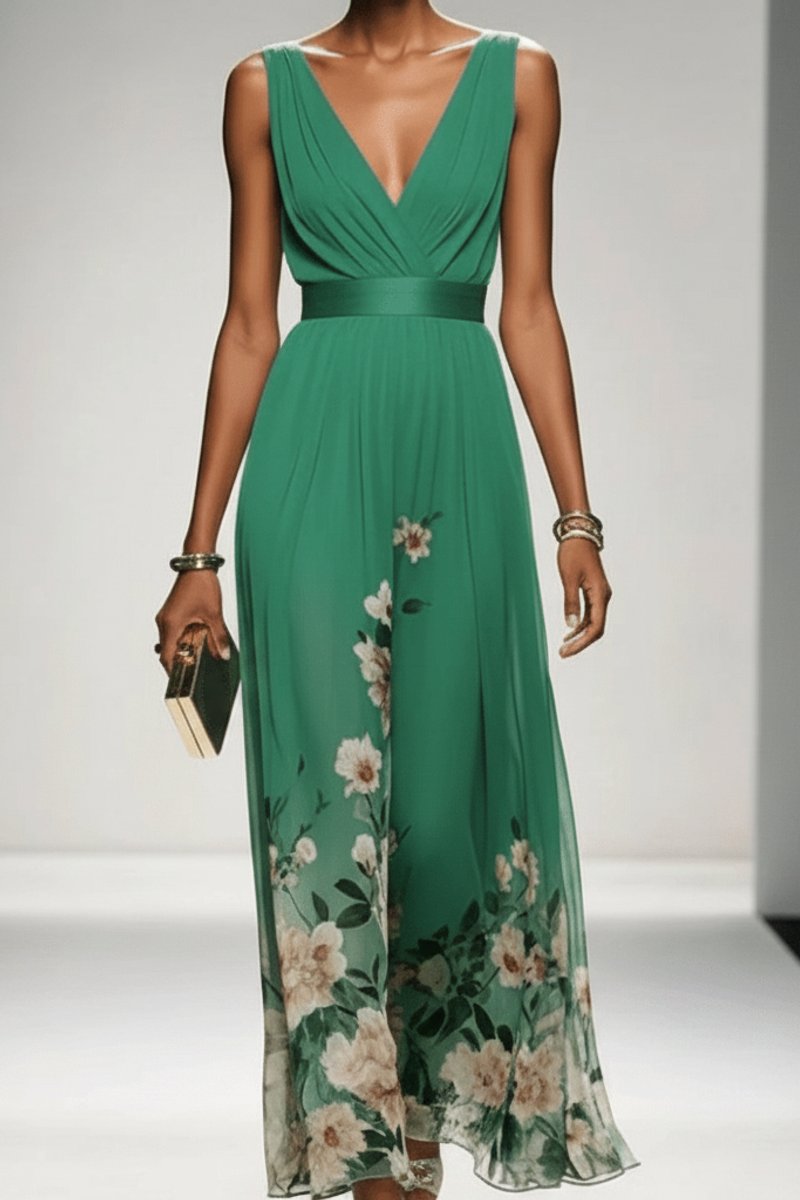 Women's Floral Chiffon V-Neck Maxi Evening Gown - Green