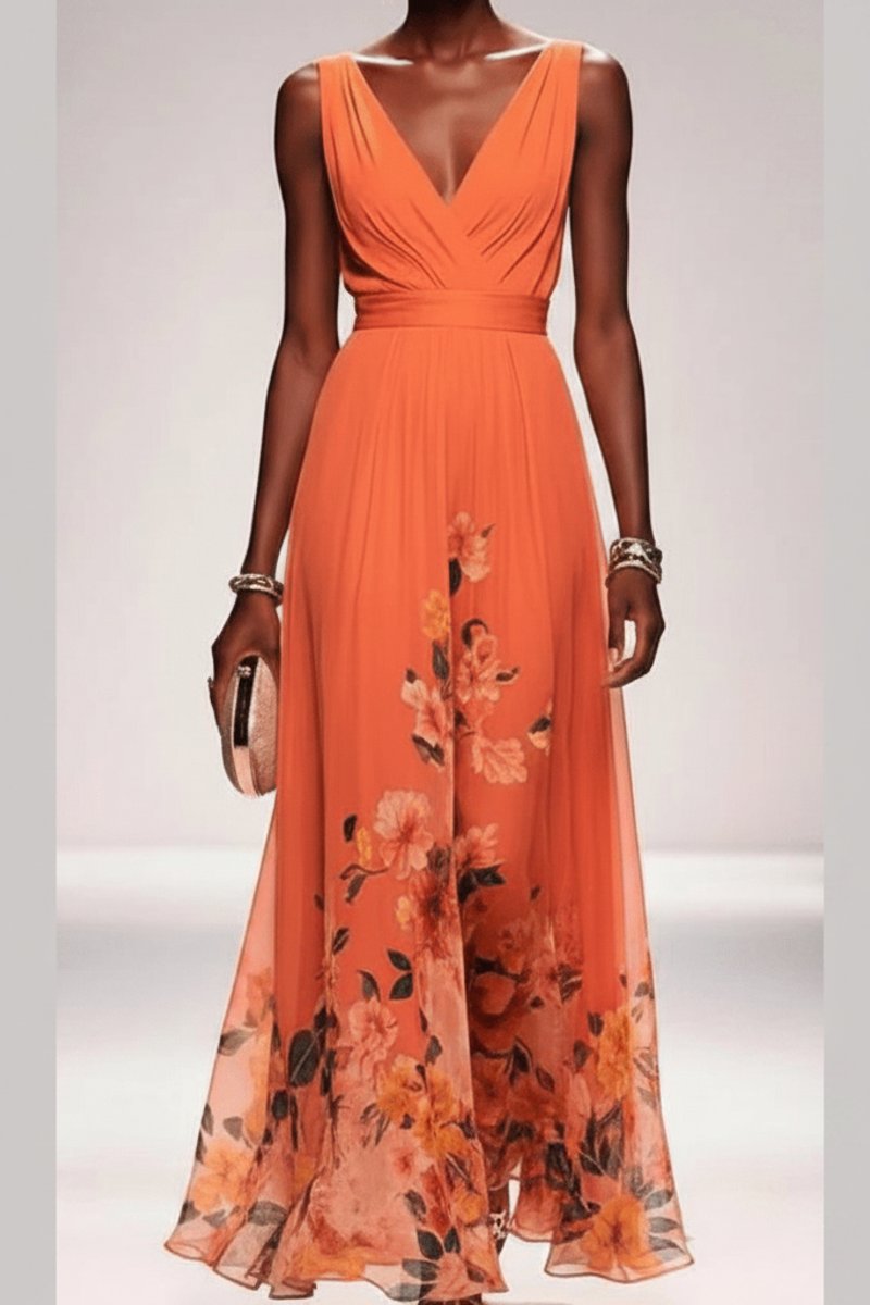 Women's Floral Chiffon V-Neck Maxi Evening Gown - Orange