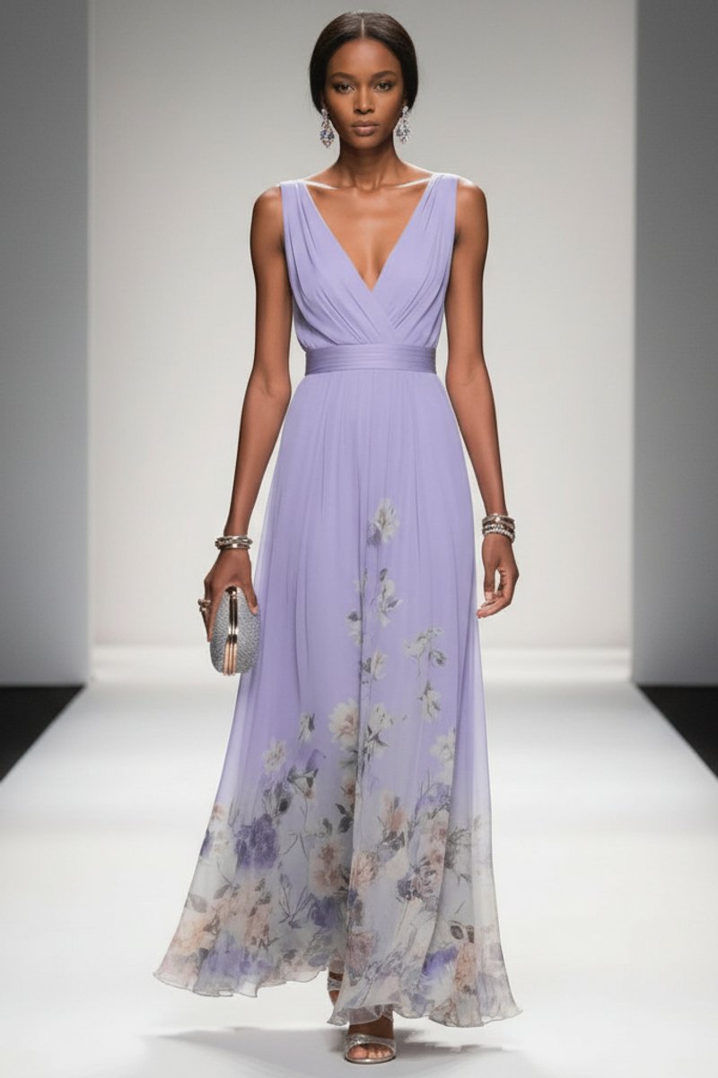 Women's Floral Chiffon V-Neck Maxi Evening Gown - Purple