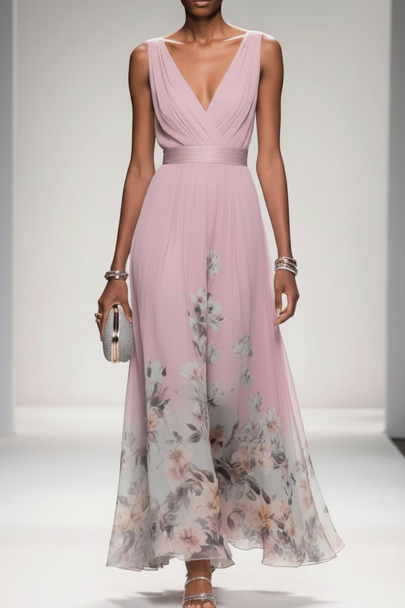 Women's Floral Chiffon V-Neck Maxi Evening Gown - Pink