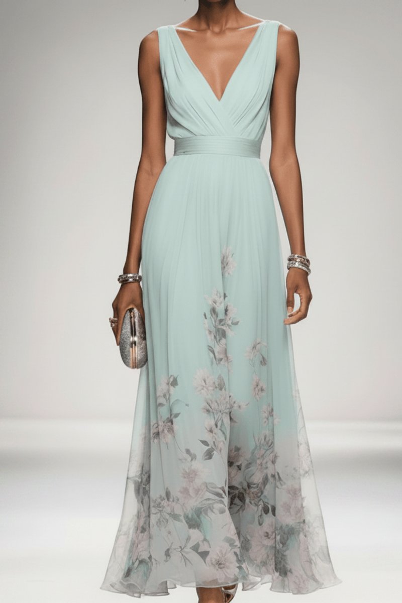Women's Floral Chiffon V-Neck Maxi Evening Gown - Light Green
