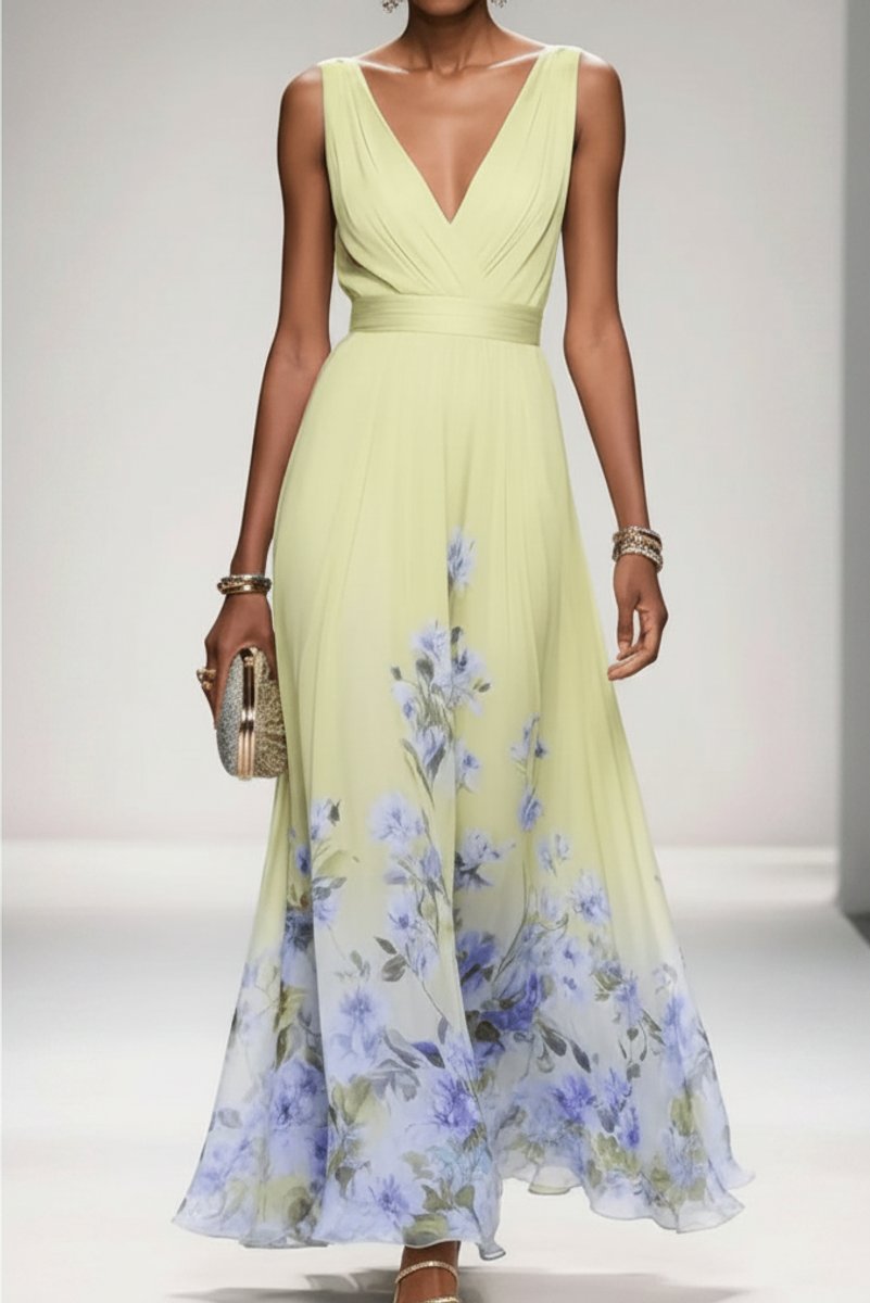 Women's Floral Chiffon V-Neck Maxi Evening Gown - Yellow