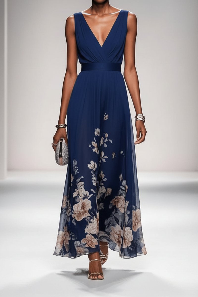 Women's Floral Chiffon V-Neck Maxi Evening Gown - Navy Blue
