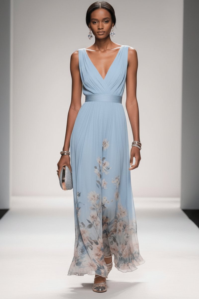 Women's Floral Chiffon V-Neck Maxi Evening Gown