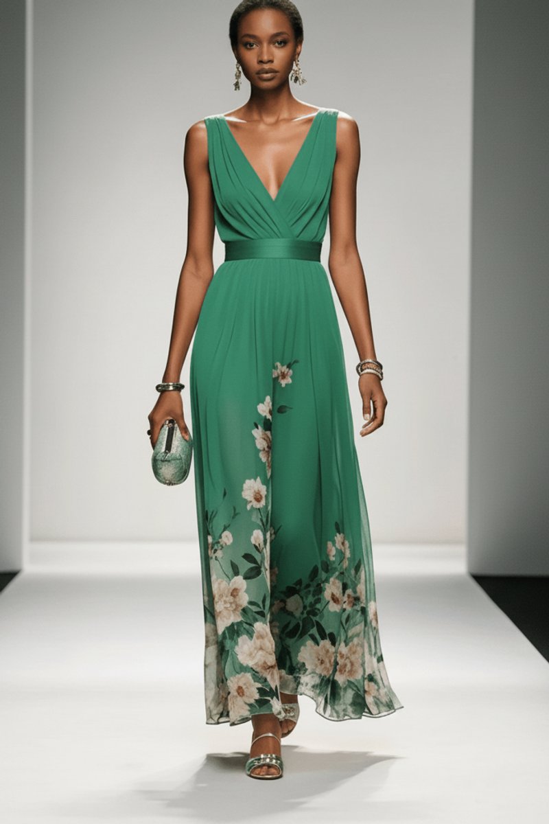 Women's Floral Chiffon V-Neck Maxi Evening Gown