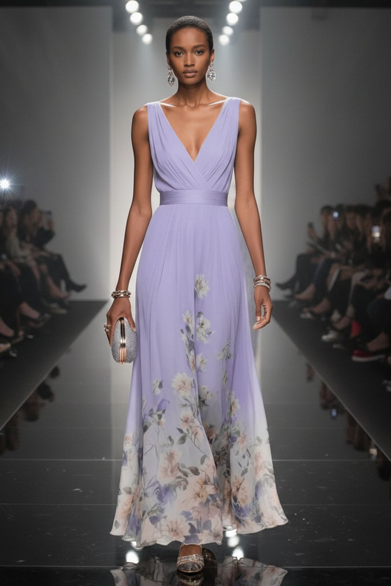 Women's Floral Chiffon V-Neck Maxi Evening Gown
