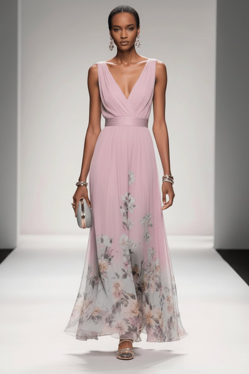 Women's Floral Chiffon V-Neck Maxi Evening Gown