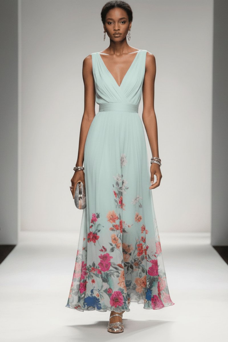 Women's Floral Chiffon V-Neck Maxi Evening Gown