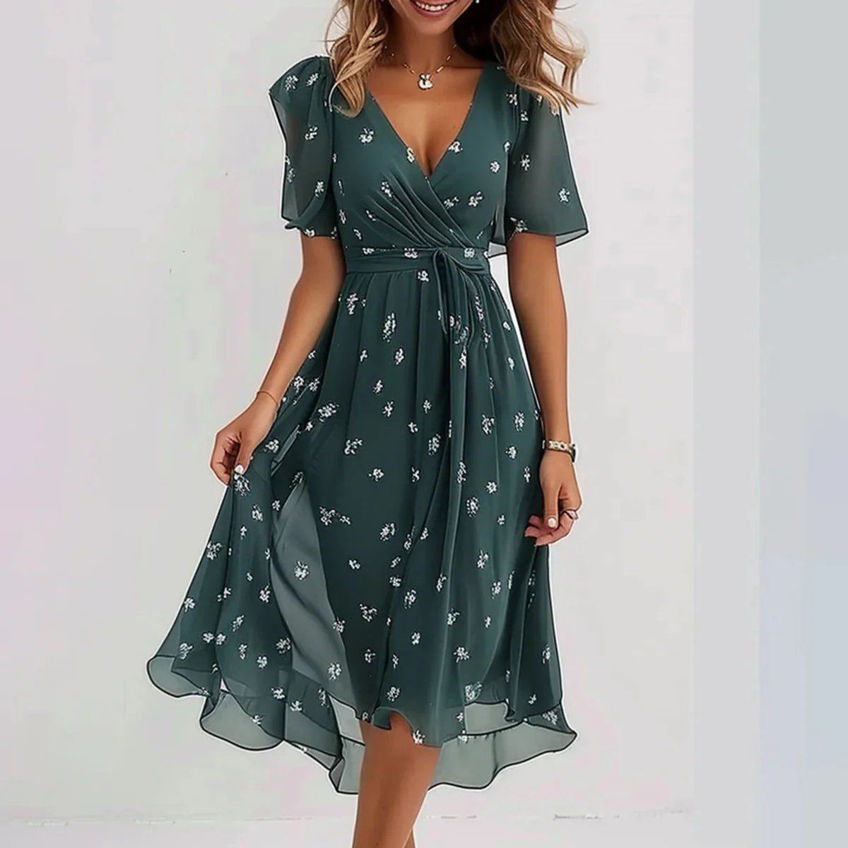 Women's Floral Chiffon Wrap Formal & Evening Dress Flutter Sleeve - Green