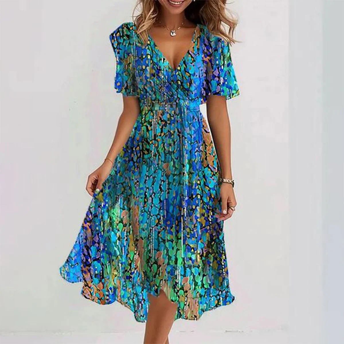 Women's Floral Chiffon Wrap Formal & Evening Dress Flutter Sleeve - Blue