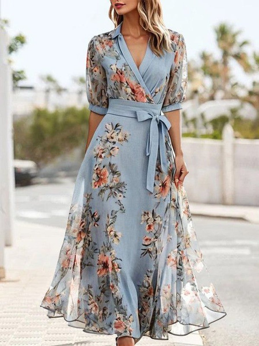 Women's Floral Chiffon Wrap Maxi Dress V-Neck Belted