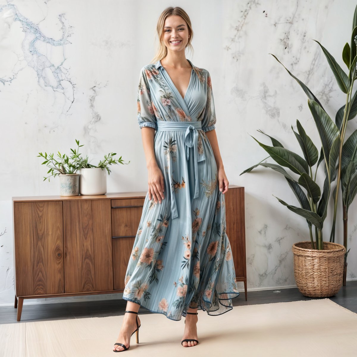 Women's Floral Chiffon Wrap Maxi Dress V-Neck Belted