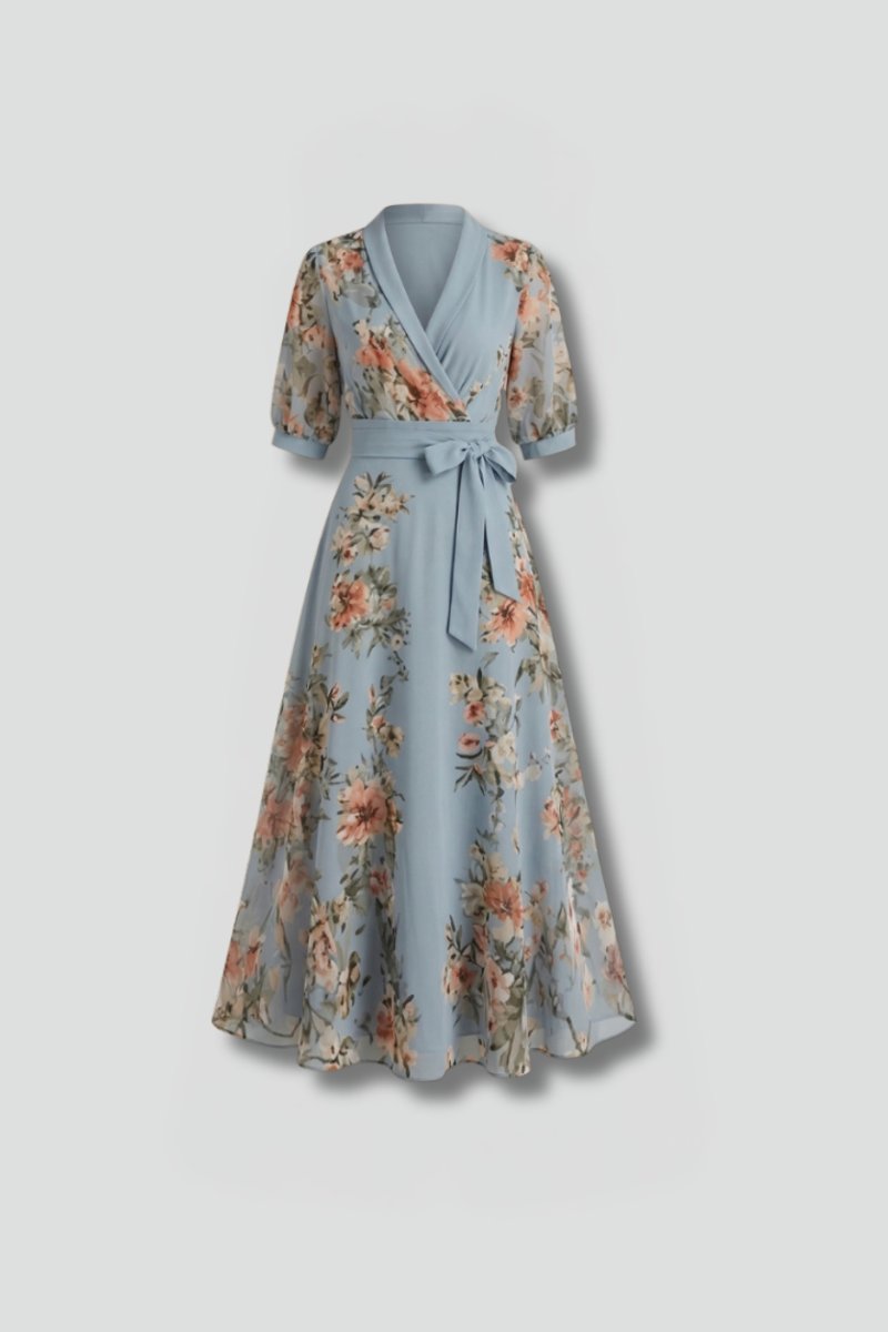 Women's Floral Chiffon Wrap Summer Dress Maxi V-Neck Tie Waist