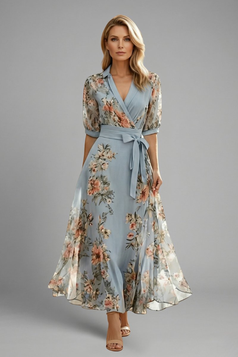 Women's Floral Chiffon Wrap Summer Dress Maxi V-Neck Tie Waist - Blue
