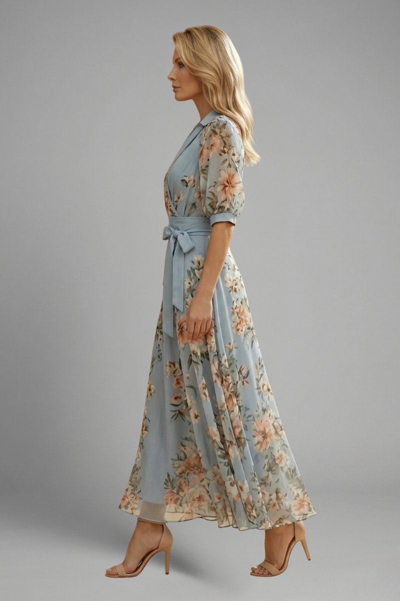 Women's Floral Chiffon Wrap Summer Dress Maxi V-Neck Tie Waist