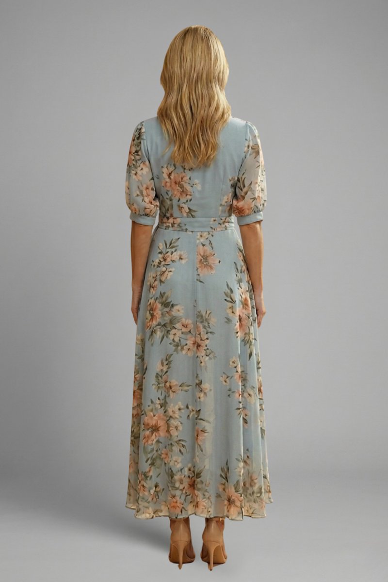 Women's Floral Chiffon Wrap Summer Dress Maxi V-Neck Tie Waist