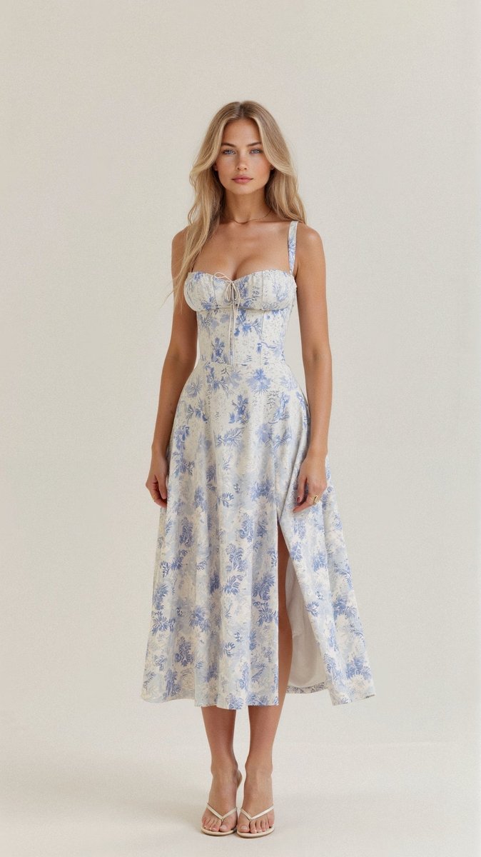 Women's Floral Corset Midi Summer Dress Jumpsuit Slit Skirt - Blue