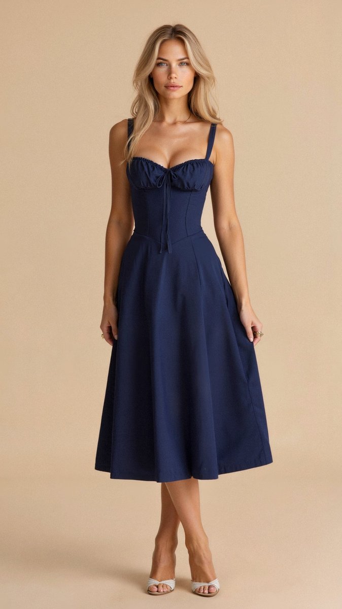 Women's Floral Corset Midi Summer Dress Jumpsuit Slit Skirt - Navy
