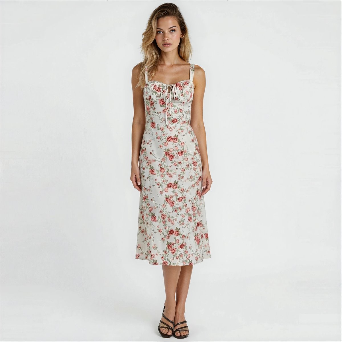 Women's Floral Corset Midi Summer Dress Jumpsuit Slit Skirt - Pink