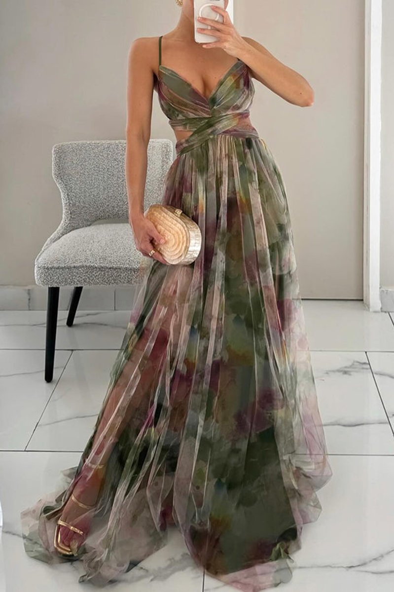 Women's Floral Dress Chiffon V-Neck Spaghetti Strap Maxi Gown - Green