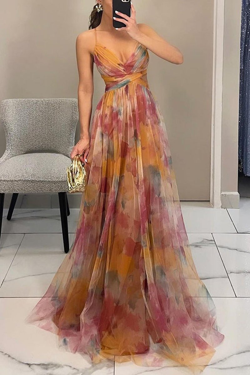 Women's Floral Dress Chiffon V-Neck Spaghetti Strap Maxi Gown