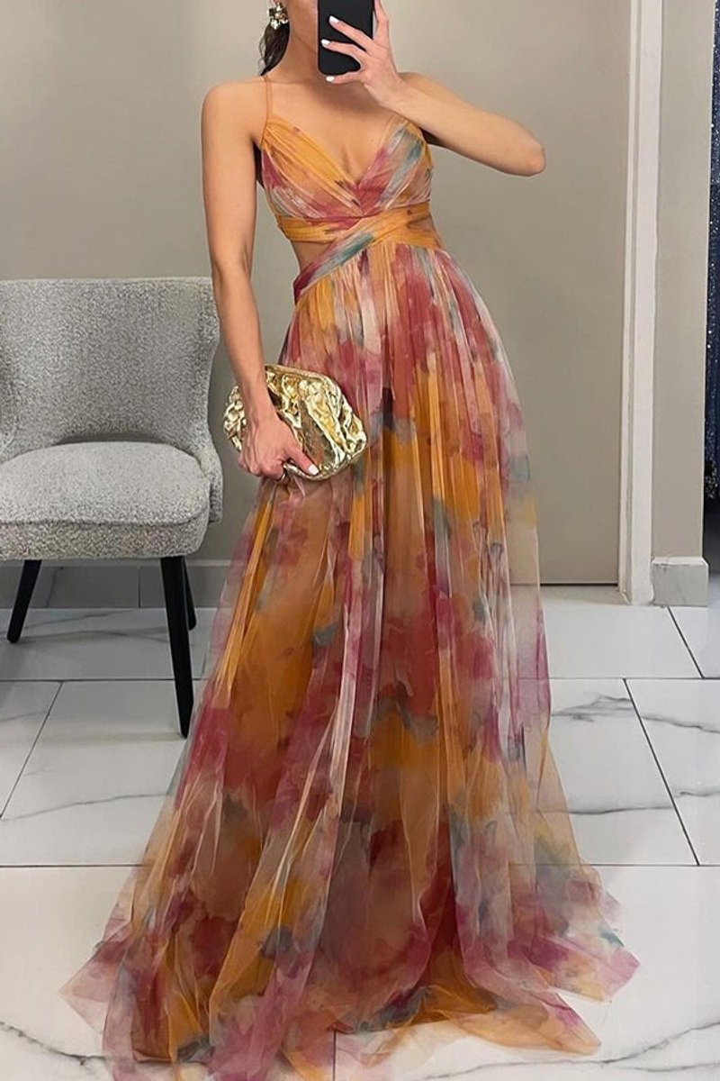Women's Floral Dress Chiffon V-Neck Spaghetti Strap Maxi Gown
