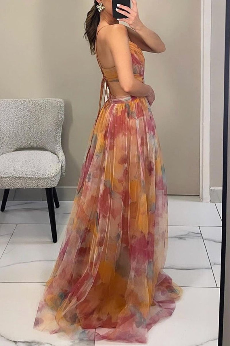 Women's Floral Dress Chiffon V-Neck Spaghetti Strap Maxi Gown