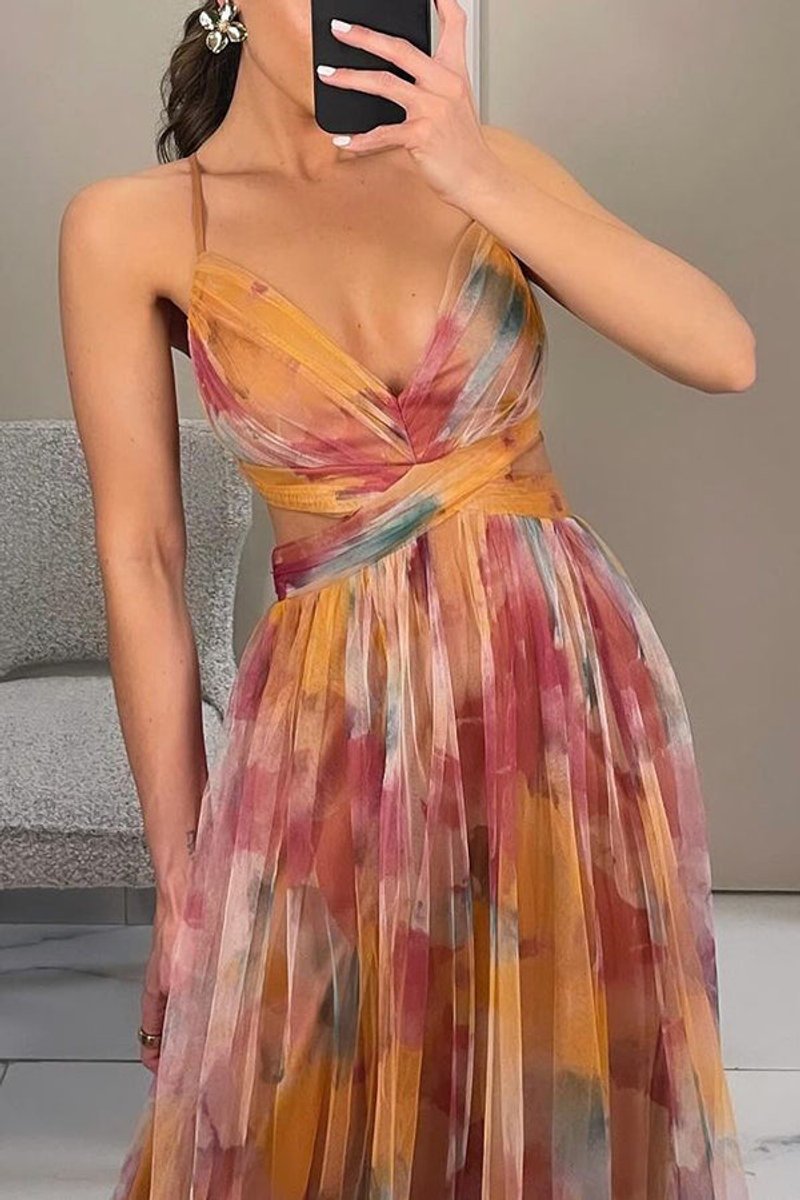 Women's Floral Dress Chiffon V-Neck Spaghetti Strap Maxi Gown