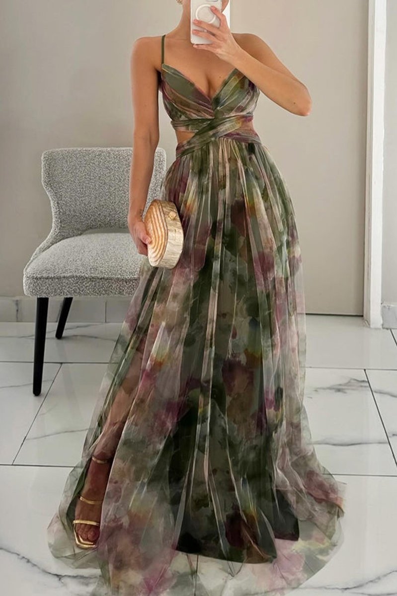 Women's Floral Dress Chiffon V-Neck Spaghetti Strap Maxi Gown