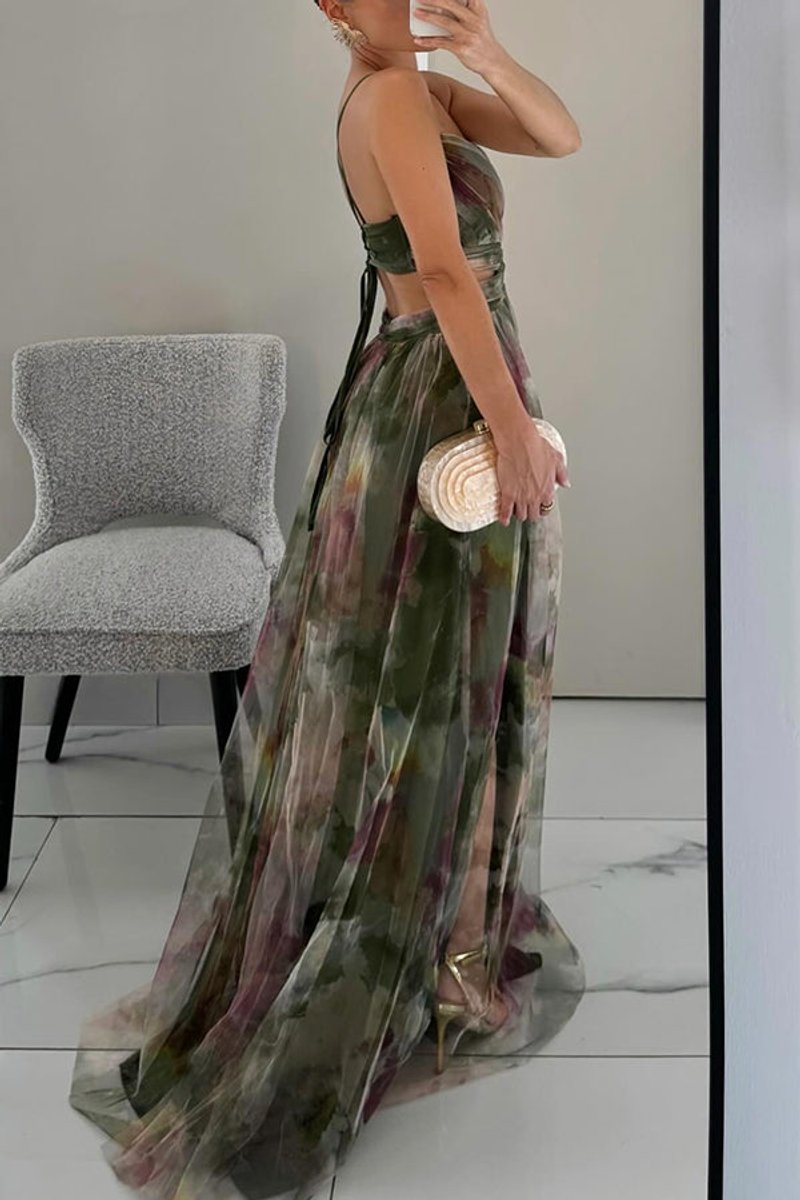 Women's Floral Dress Chiffon V-Neck Spaghetti Strap Maxi Gown