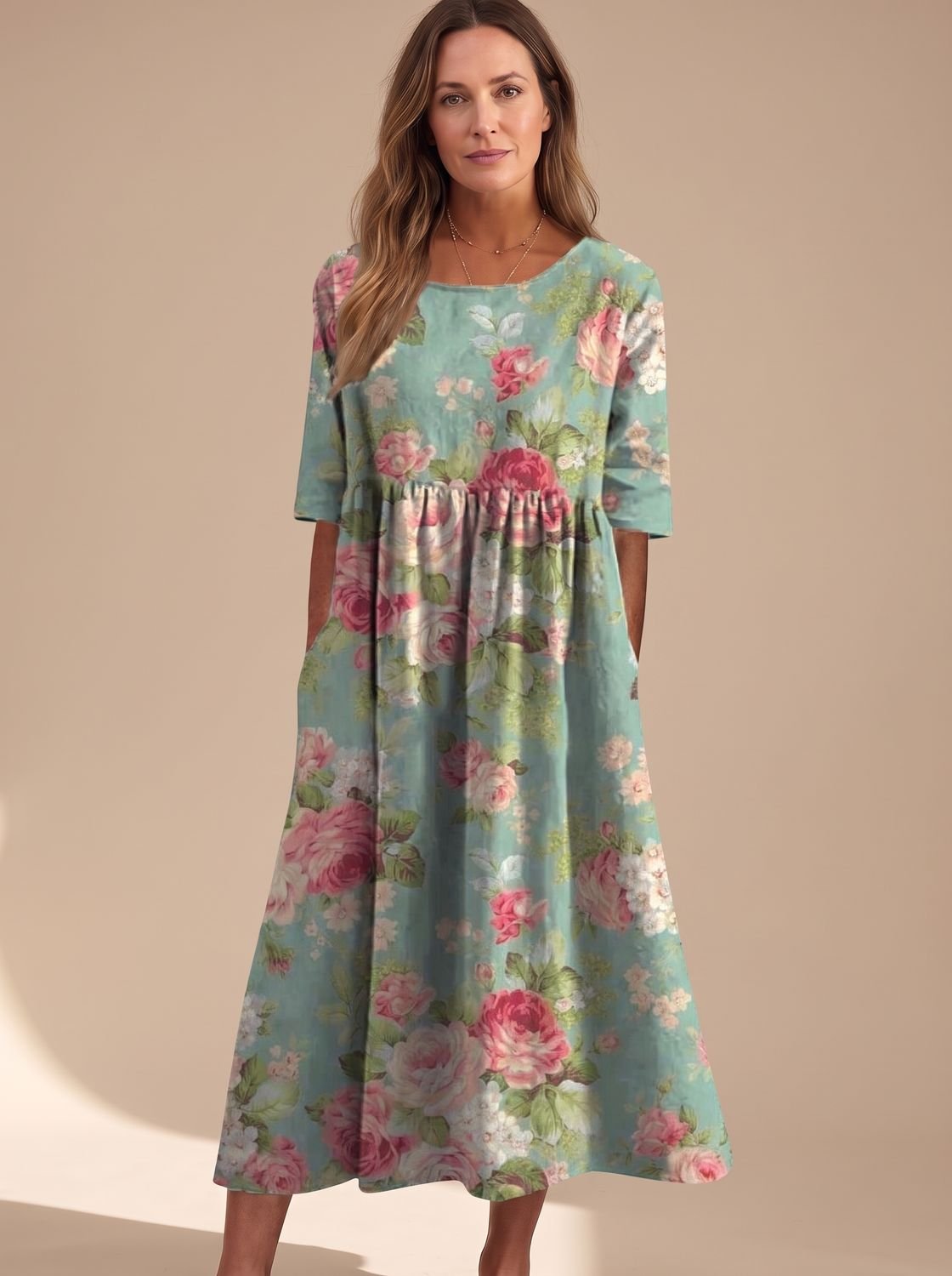 Women's Floral Embroidered Flowy Midi Dress Relaxed Fit - Mint Green