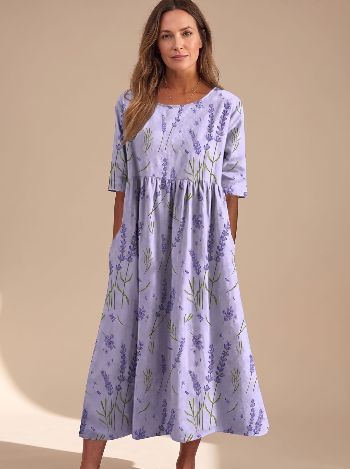 Women's Floral Embroidered Flowy Midi Dress Relaxed Fit - Lavender
