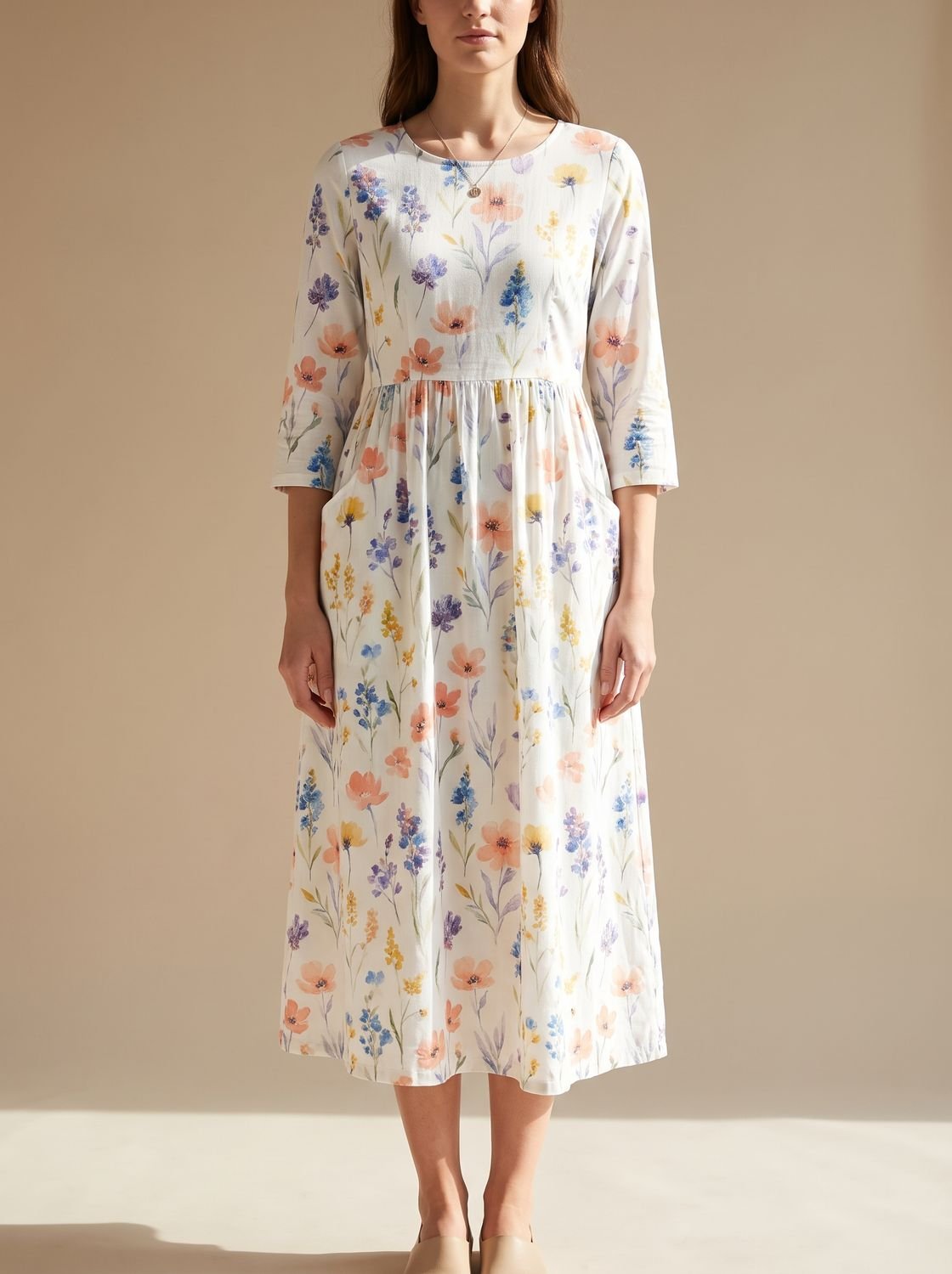 Women's Floral Embroidered Flowy Midi Dress Relaxed Fit - White