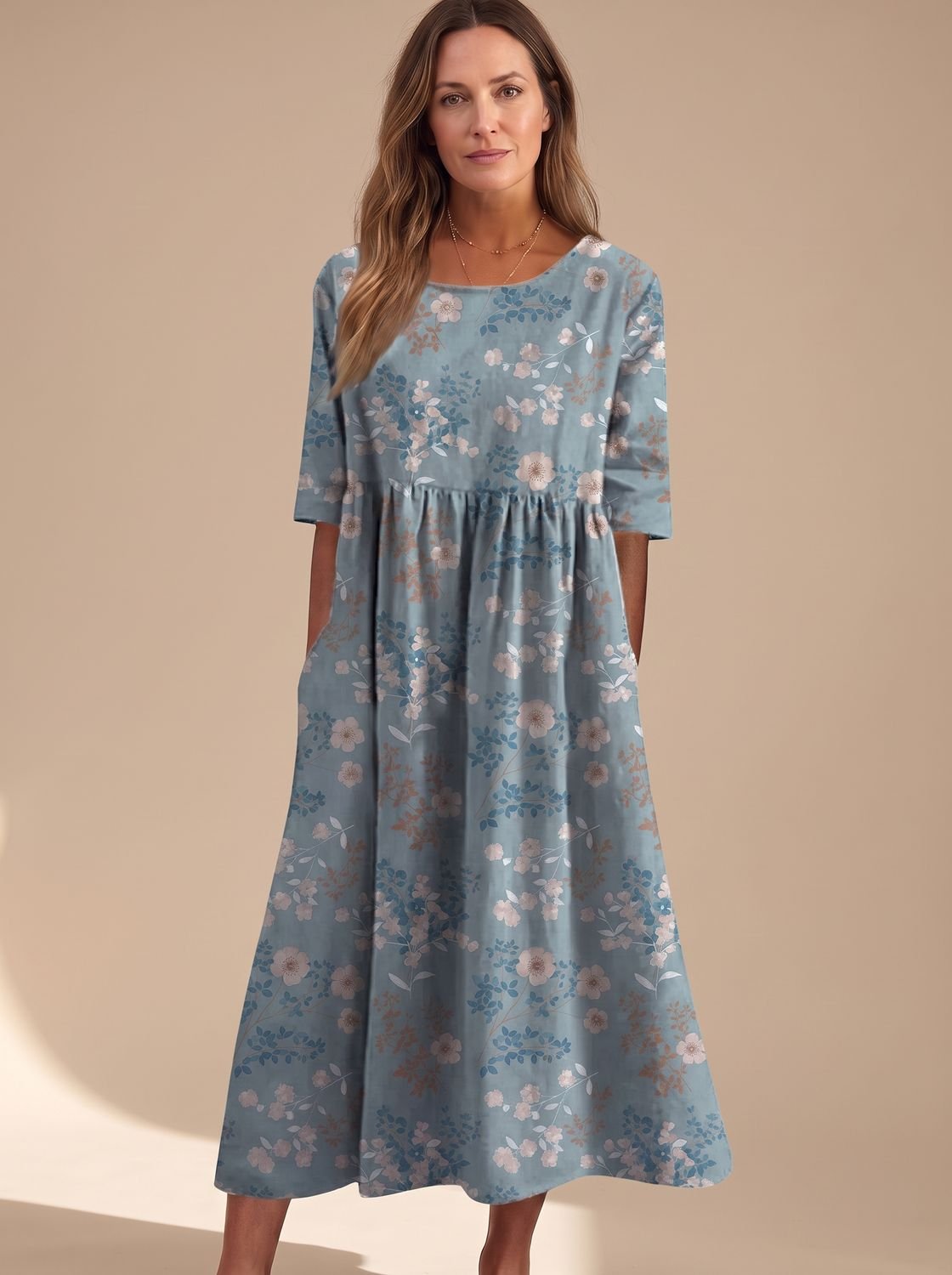 Women's Floral Embroidered Flowy Midi Dress Relaxed Fit - Light Blue