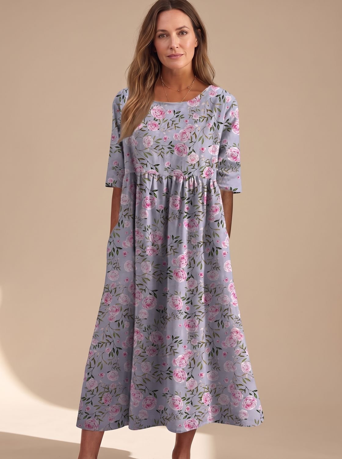 Women's Floral Embroidered Flowy Midi Dress Relaxed Fit - Dusty Lilac
