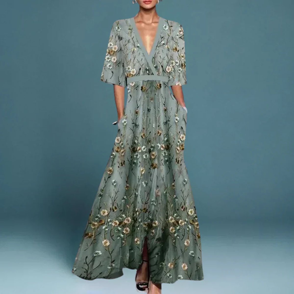 Women's Floral Embroidered V-Neck A-Line Maxi Dress - Blue