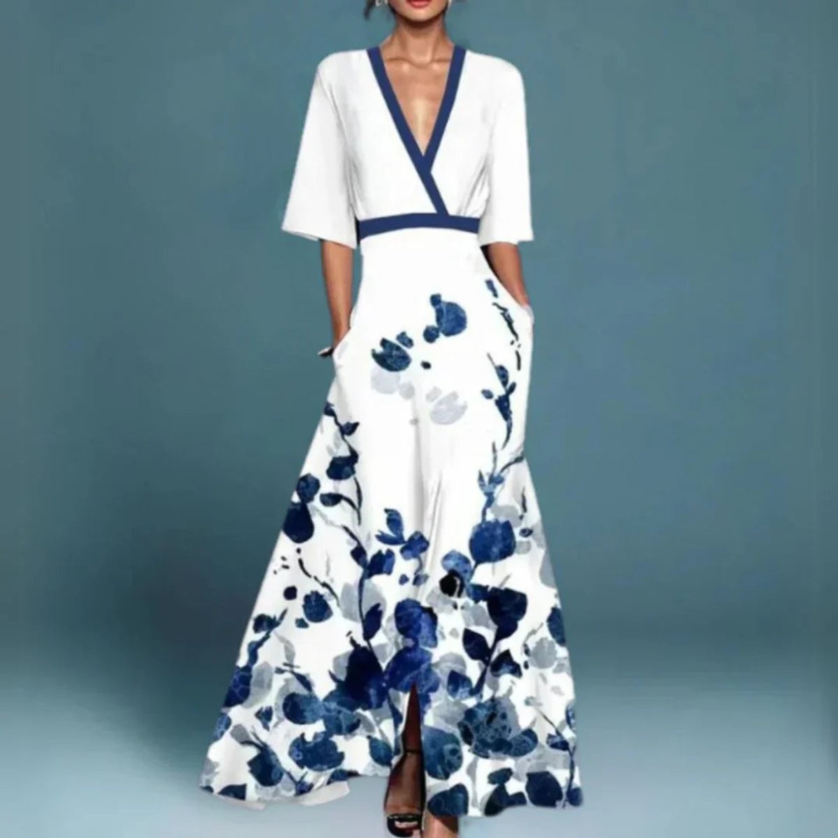 Women's Floral Embroidered V-Neck A-Line Maxi Dress - White