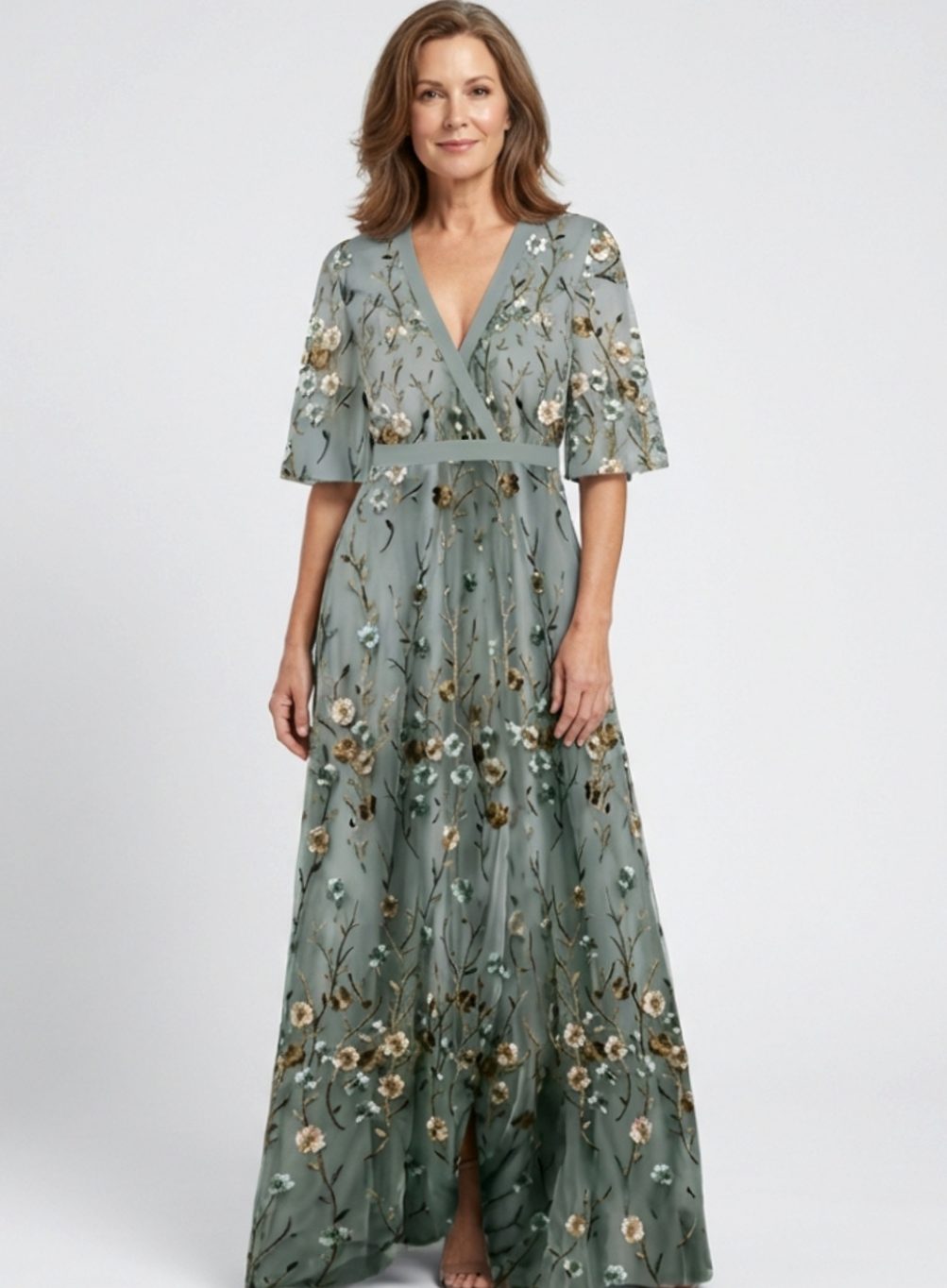 Women's Floral Embroidered V-Neck Maxi Spring Dress - Green