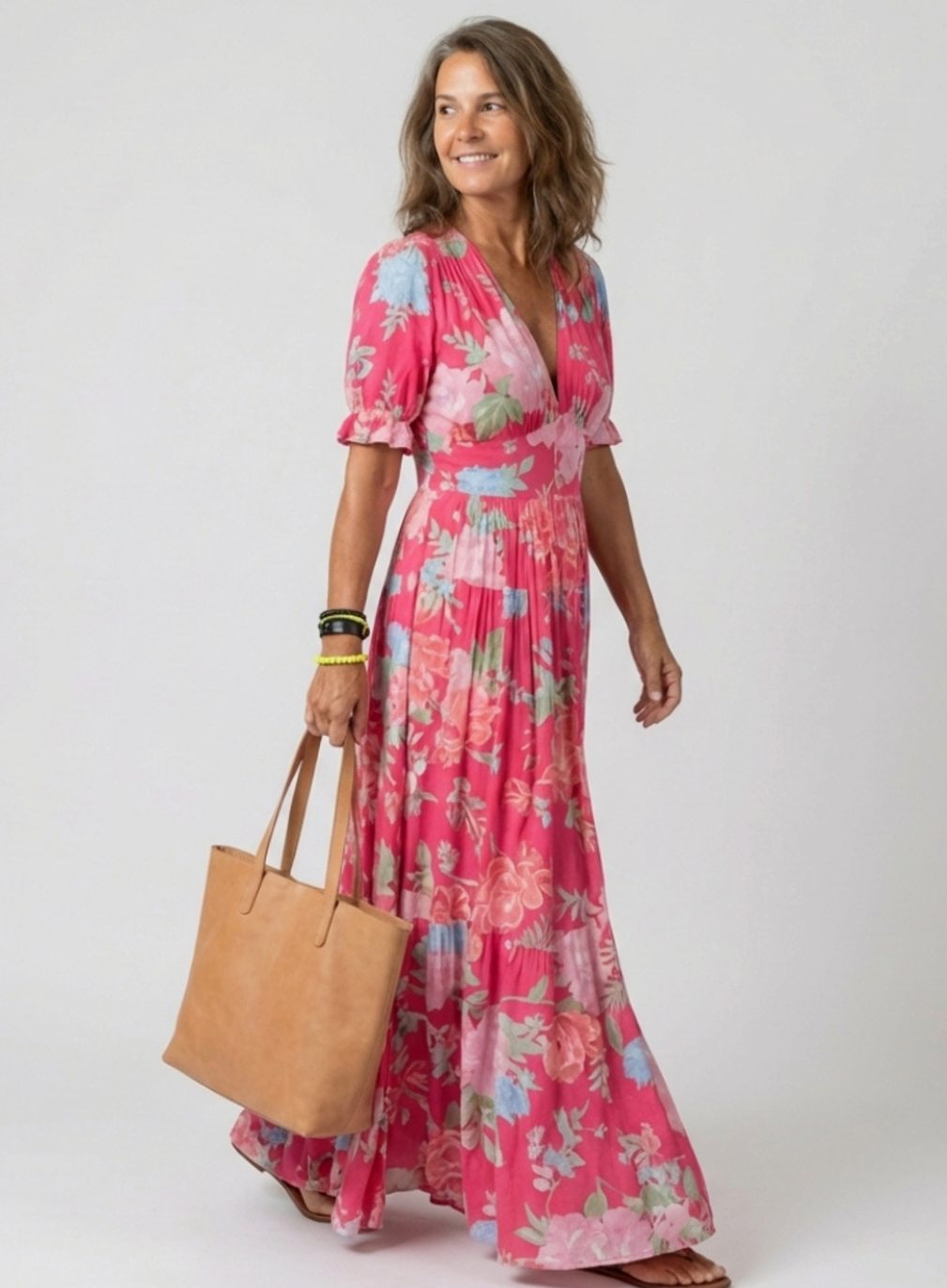 Women's Floral Flutter-Sleeve Gathered-Waist Maxi Spring Dress