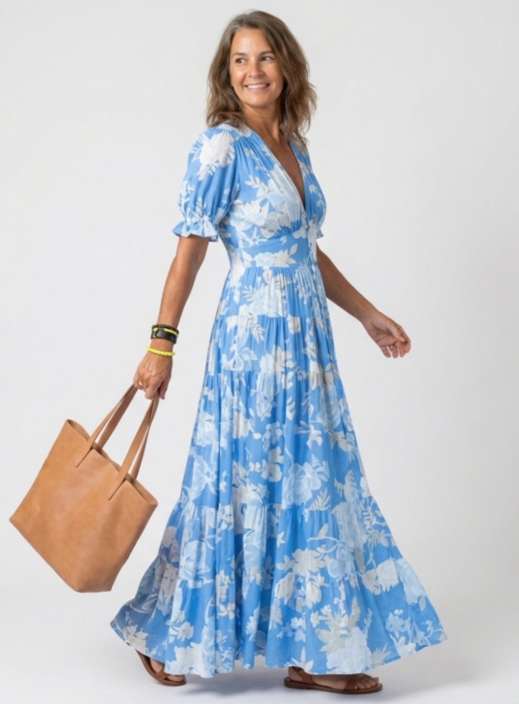 Women's Floral Flutter-Sleeve Gathered-Waist Maxi Spring Dress - Sky Blue