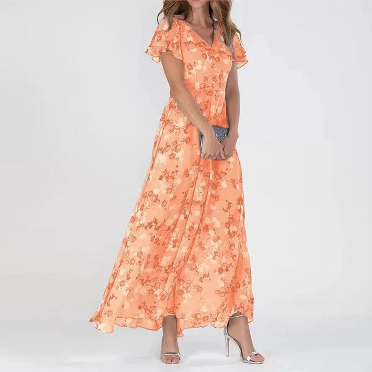 Women's Floral Flutter-Sleeve V Neck Dress Flowy Maxi - Orange (Almost Sold Out)