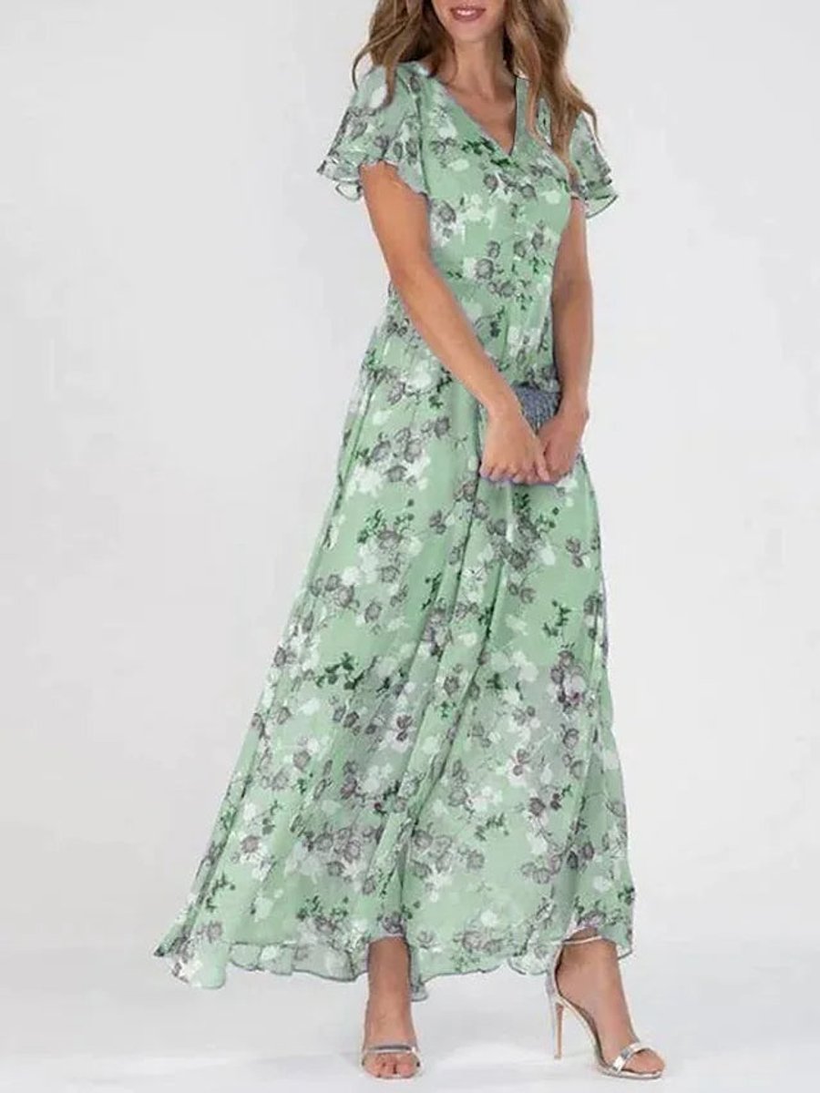 Women's Floral Flutter-Sleeve V Neck Dress Flowy Maxi - Green (Almost Sold Out)
