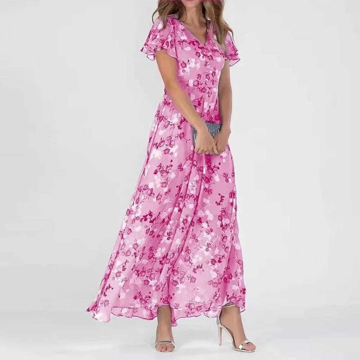 Women's Floral Flutter-Sleeve V Neck Dress Flowy Maxi - Pink
