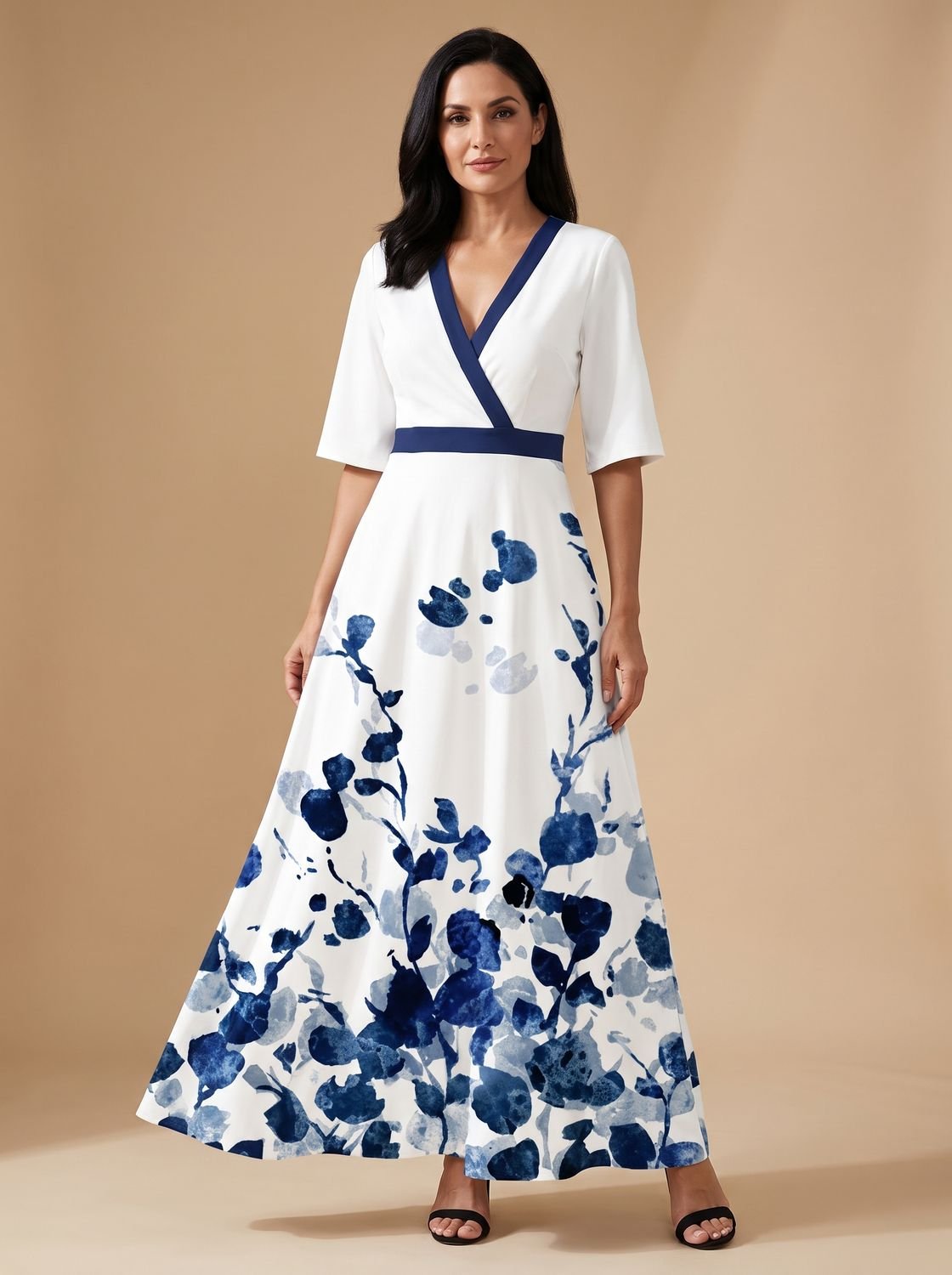 Women's Floral Formal Maxi Dress Deep V-Neck Flared Skirt - White