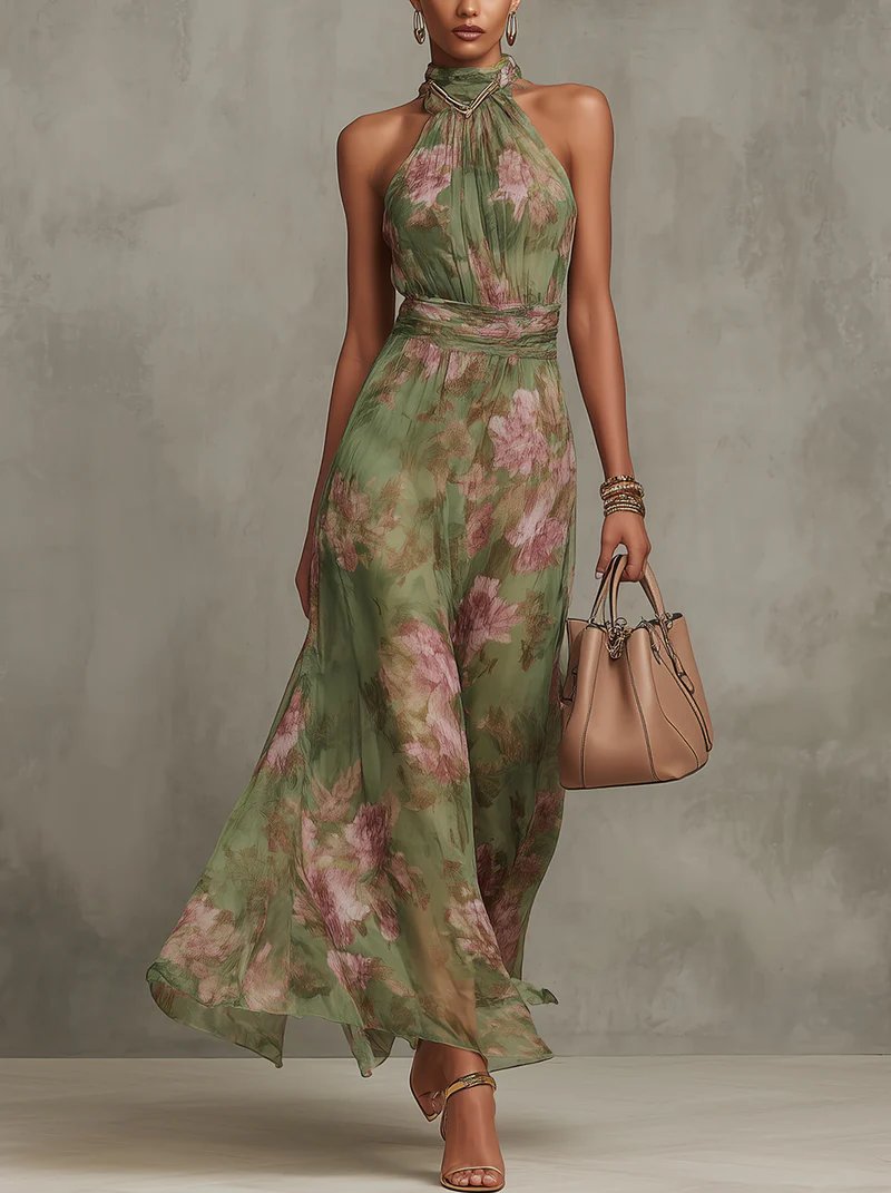Women's Floral Halter-Neck Flowing Chiffon Maxi Dresses - Green