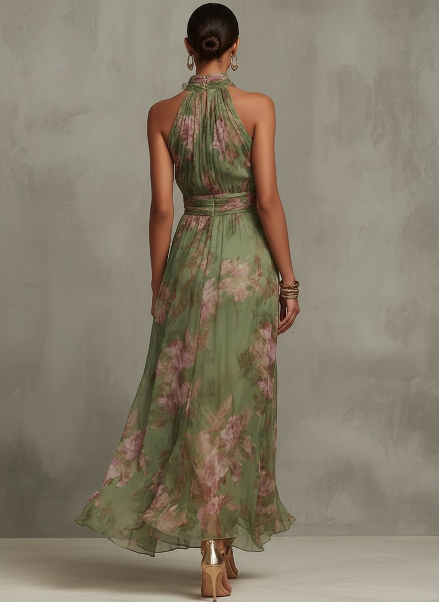 Women's Floral Halter-Neck Flowing Chiffon Maxi Dresses