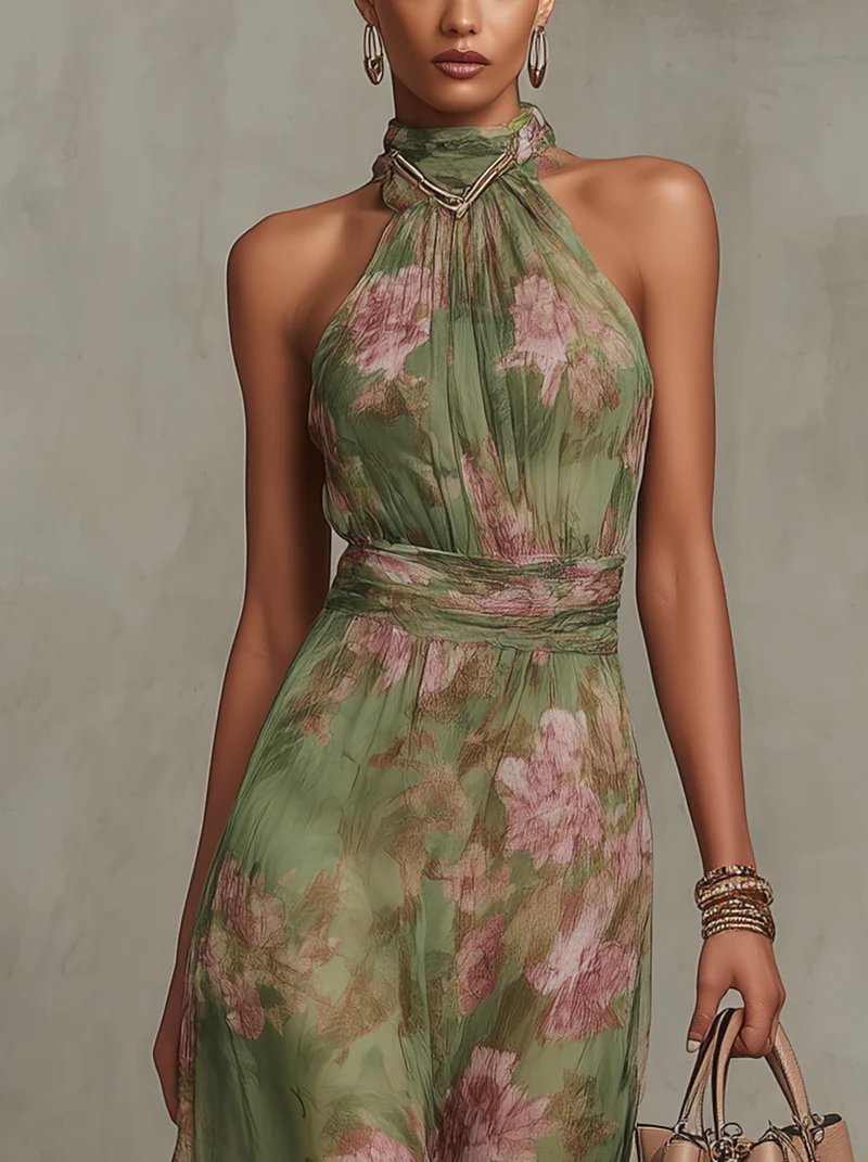 Women's Floral Halter-Neck Flowing Chiffon Maxi Dresses