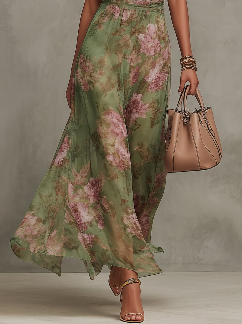 Women's Floral Halter-Neck Flowing Chiffon Maxi Dresses